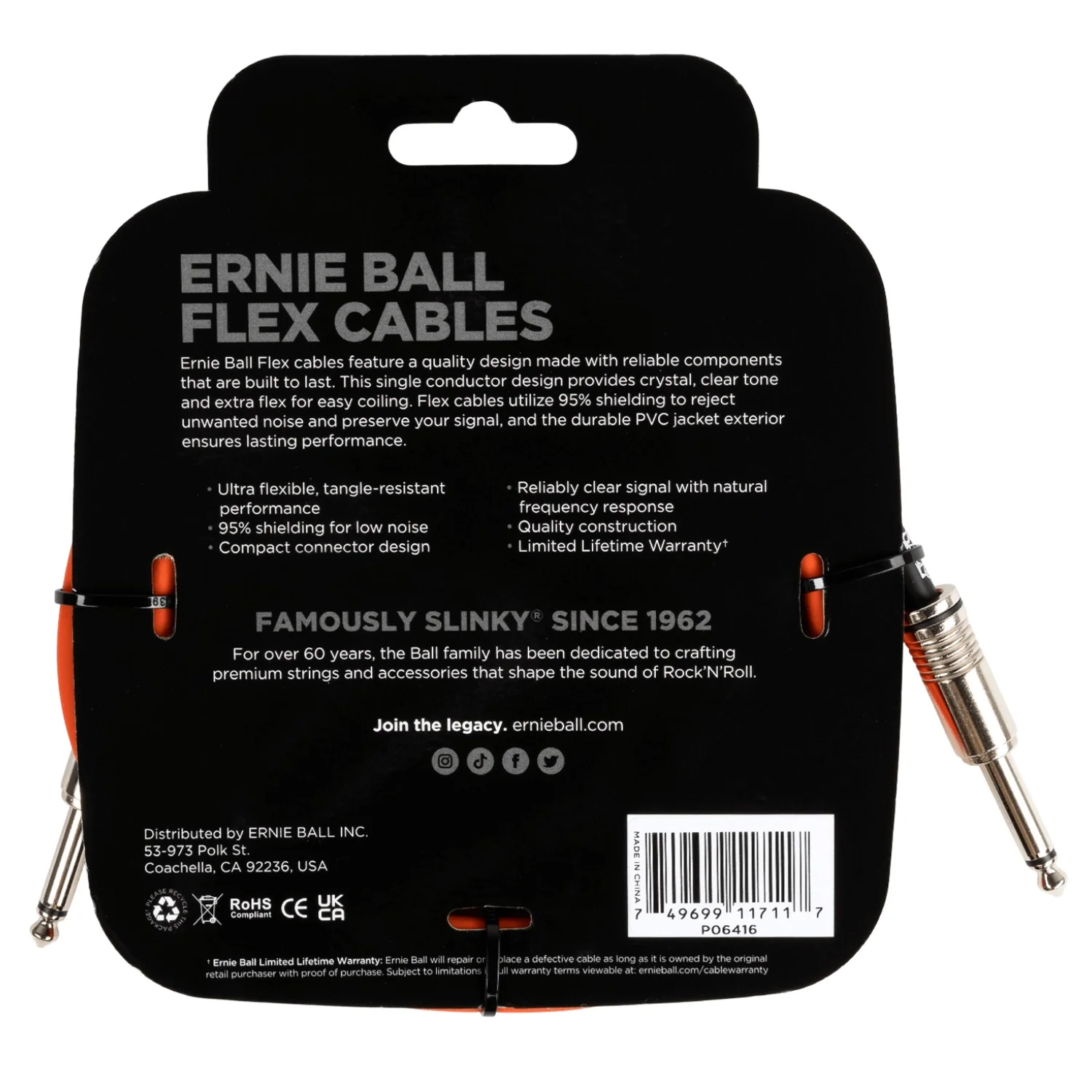Ernie Ball 10FT Flex 1/4" TS Male Straight to Same Instrument Cable - Image 6