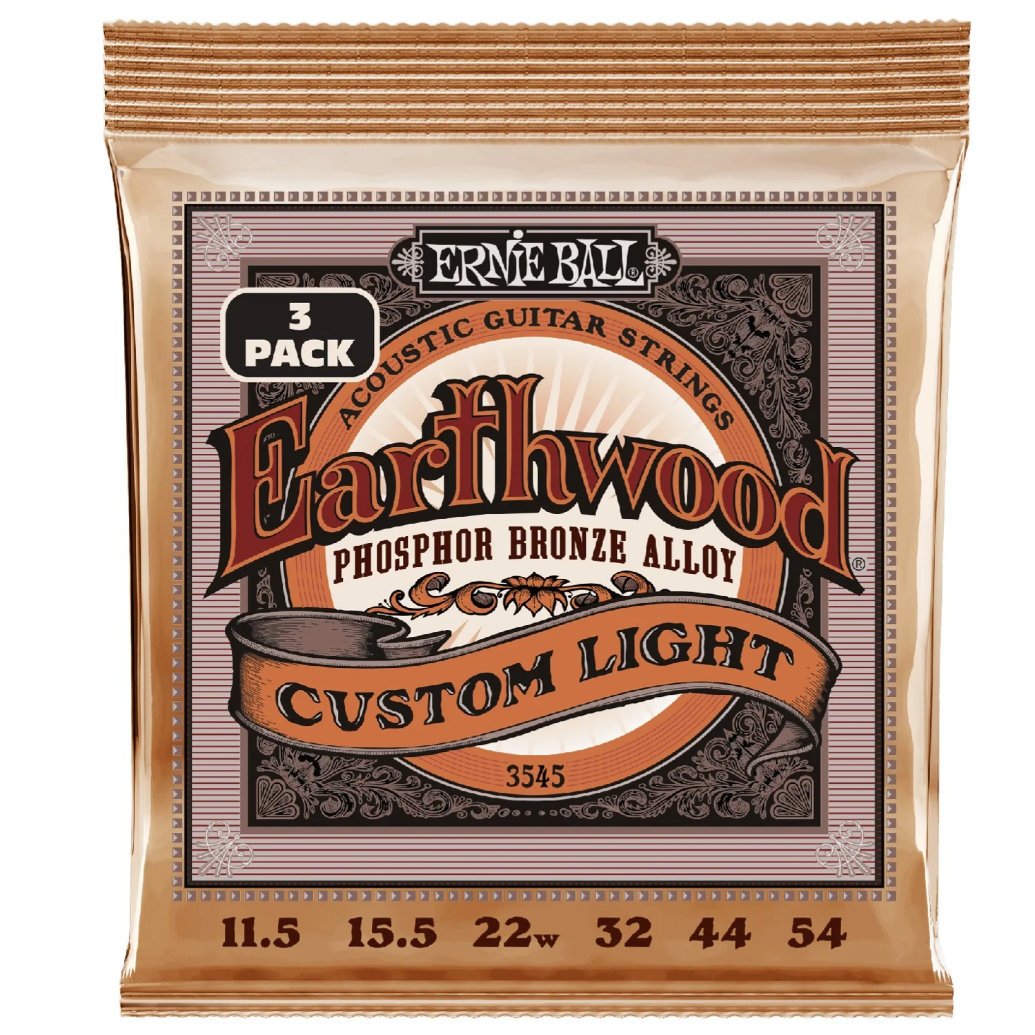 Ernie Ball 3545 Custom Light Earthwood Phosphor Bronze Acoustic Guitar String - 3 Pack - .11.5-.54