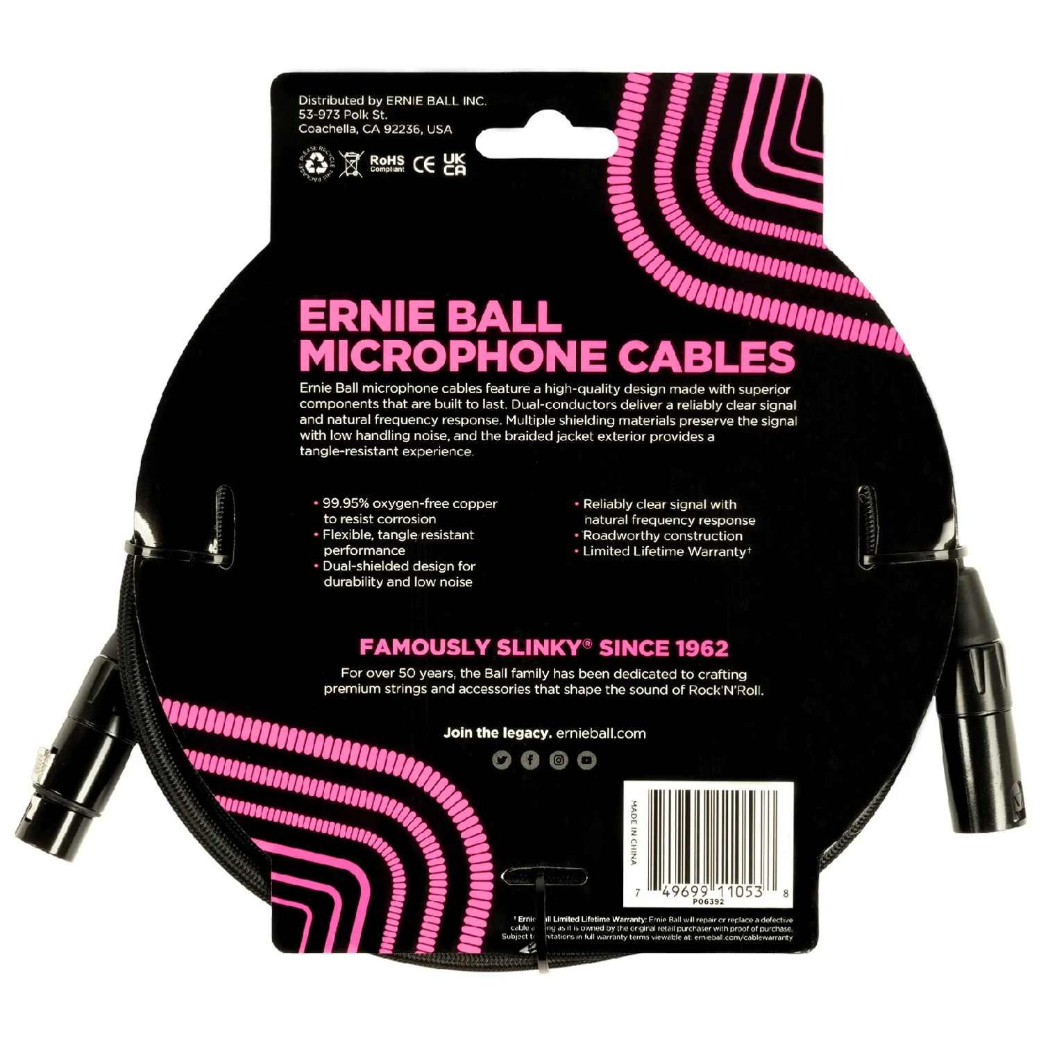 Ernie Ball 6392 20ft Braided Male Female XLR Microphone Cable - Black - Image 2