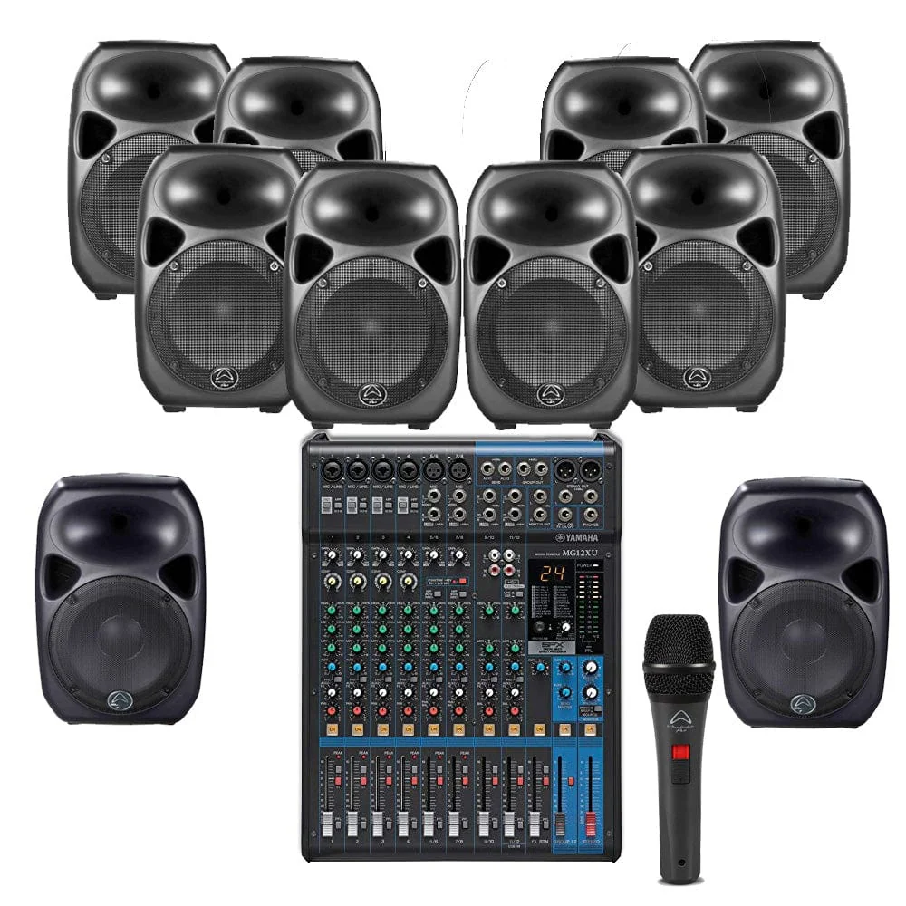 Gym Sound System with 8xWharfdale Pro-Titan 8A MKII Wall Mount Loudspeakers, Subwoofer, Microphone & Yamaha Mixer