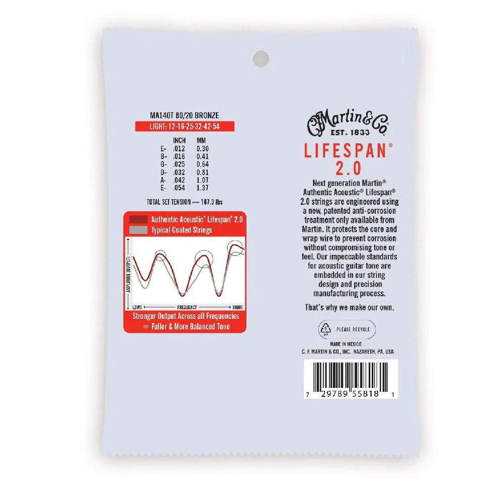 Martin MA140T 2.0 80/20 Bronze Authentic Lifespan Acoustic Guitar String - Light 12-54 - Image 2