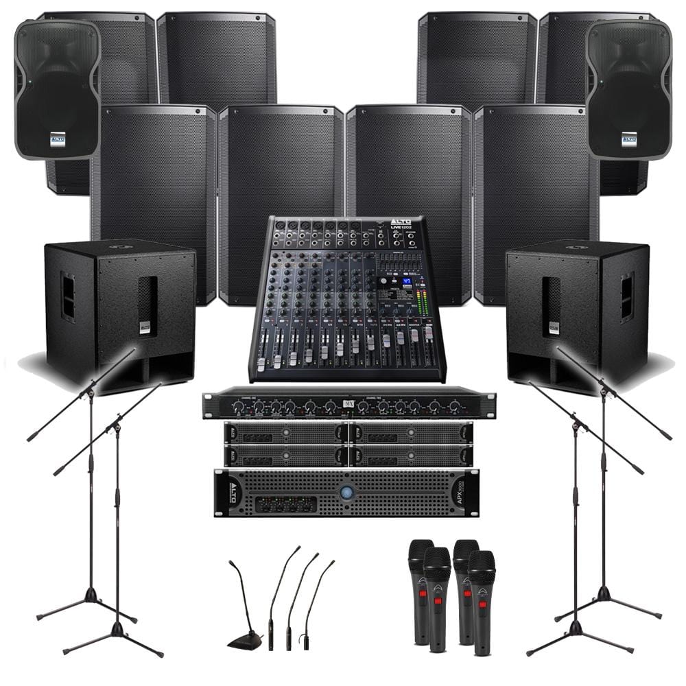 Mosque Sound System 8xAlto TS315 Wall Mount Loudspeakers, 2xSubwoofer, 5xAmplifier, Crossover, Monitor, Mics, Stands & Mixer