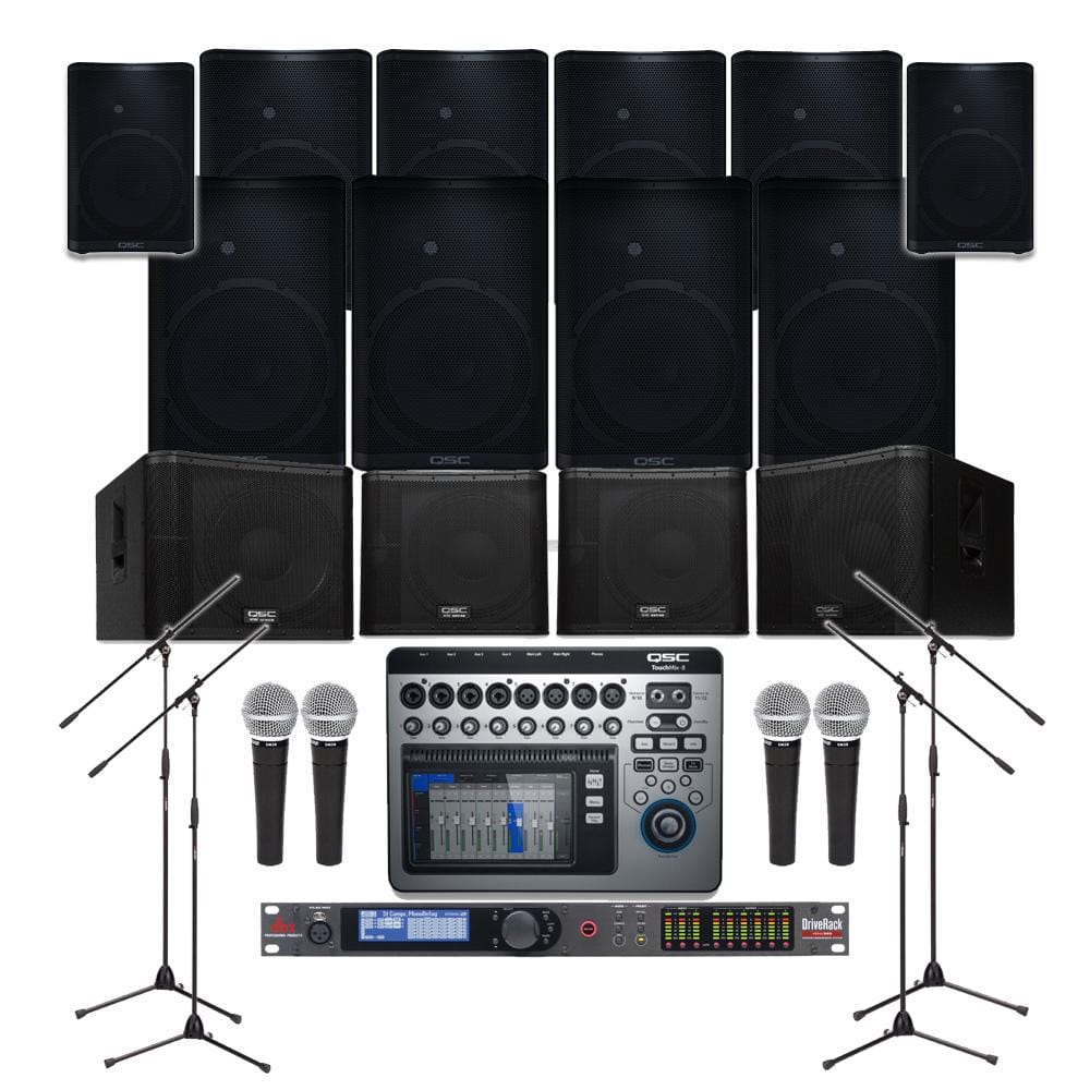 Pub Sound System with 10xQSC CP-12 Wall Mount Loudspeakers, 4xSubwoofer, Crossover,Mixer,Mics & Monitor
