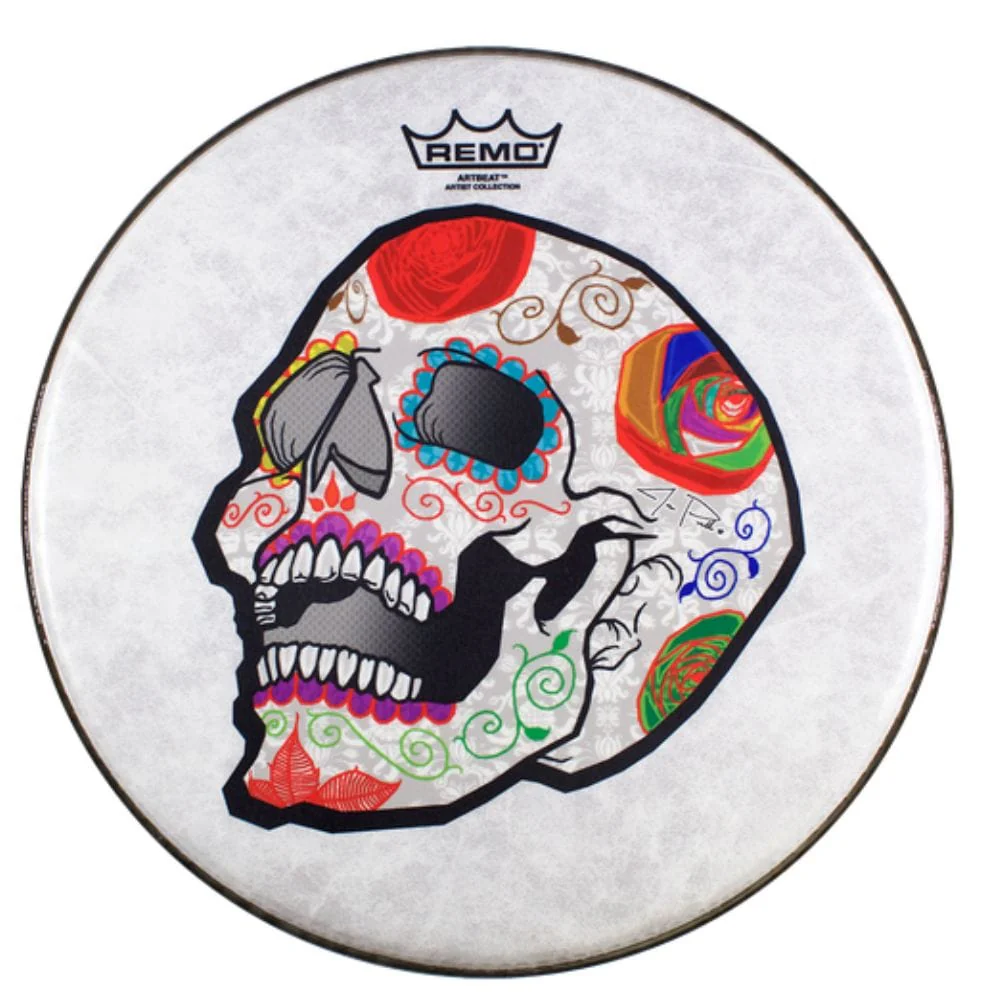 Remo SKYNDEEP SUEDE ARTBEAT Artist Collection - José Pasillas Candy Skull Drumhead - 14"