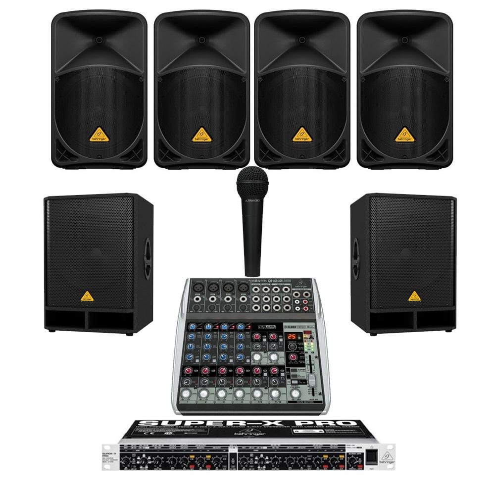 Restaurant Sound System with 4xBehringer B 112D Wall Mount Loudspeakers, 2xSubwoofer, Crossover, Mic & Mixer