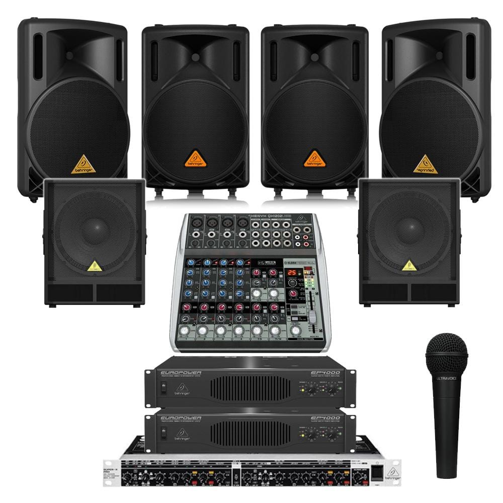Restaurant Sound System with 4xBehringer B 212XL Wall Mount Loudspeakers, 2xSubwoofer, 2xAmplifier, Crossover, Mic & Mixer