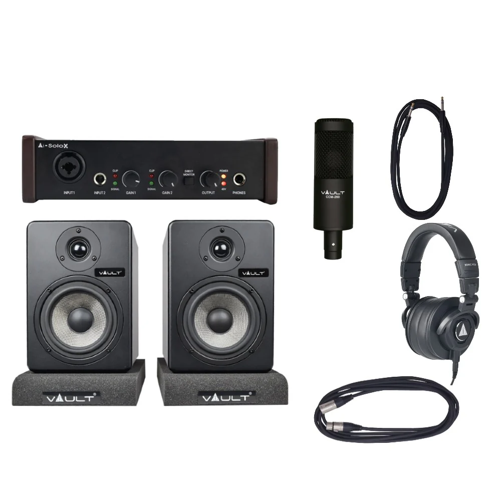 Vault Home Studio Essential Bundle - Vault Ai-SoloX 2-Channel Audio Interface with Bitwig 8-Track, Condenser Microphone, Studio Headphone, Studio Monitor and Cables