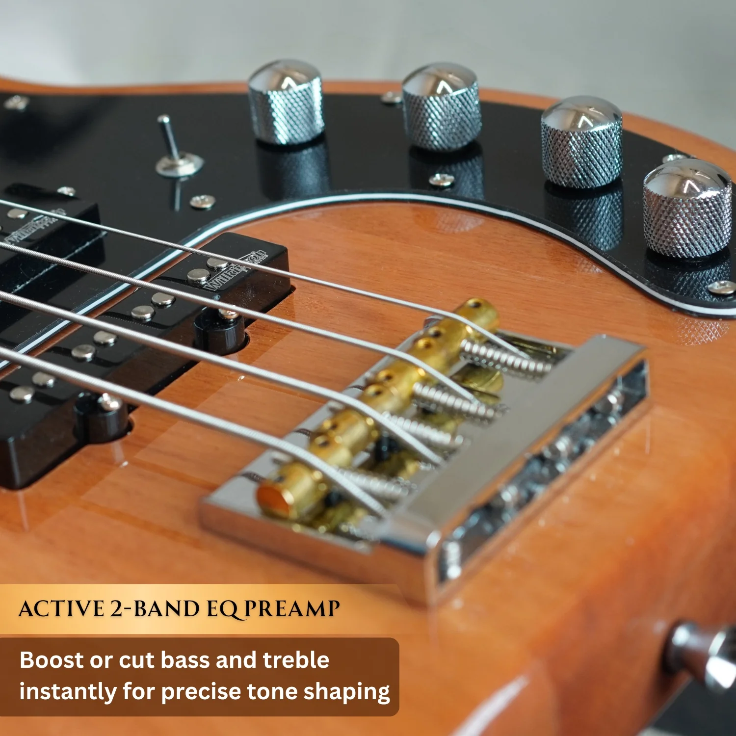 Vault Artisan PB 4-string Active PJ Bass Guitar with Wilkinson Pickups, Roasted Maple Neck & Fingerboard, Full Solid Mahogany Body, Fixed Bridge with Brass Saddle, Natural Gloss Finish - Image 2