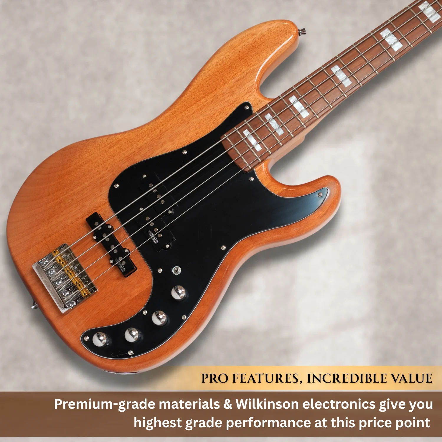 Vault Artisan PB 4-string Active PJ Bass Guitar with Wilkinson Pickups, Roasted Maple Neck & Fingerboard, Full Solid Mahogany Body, Fixed Bridge with Brass Saddle, Natural Gloss Finish - Image 7