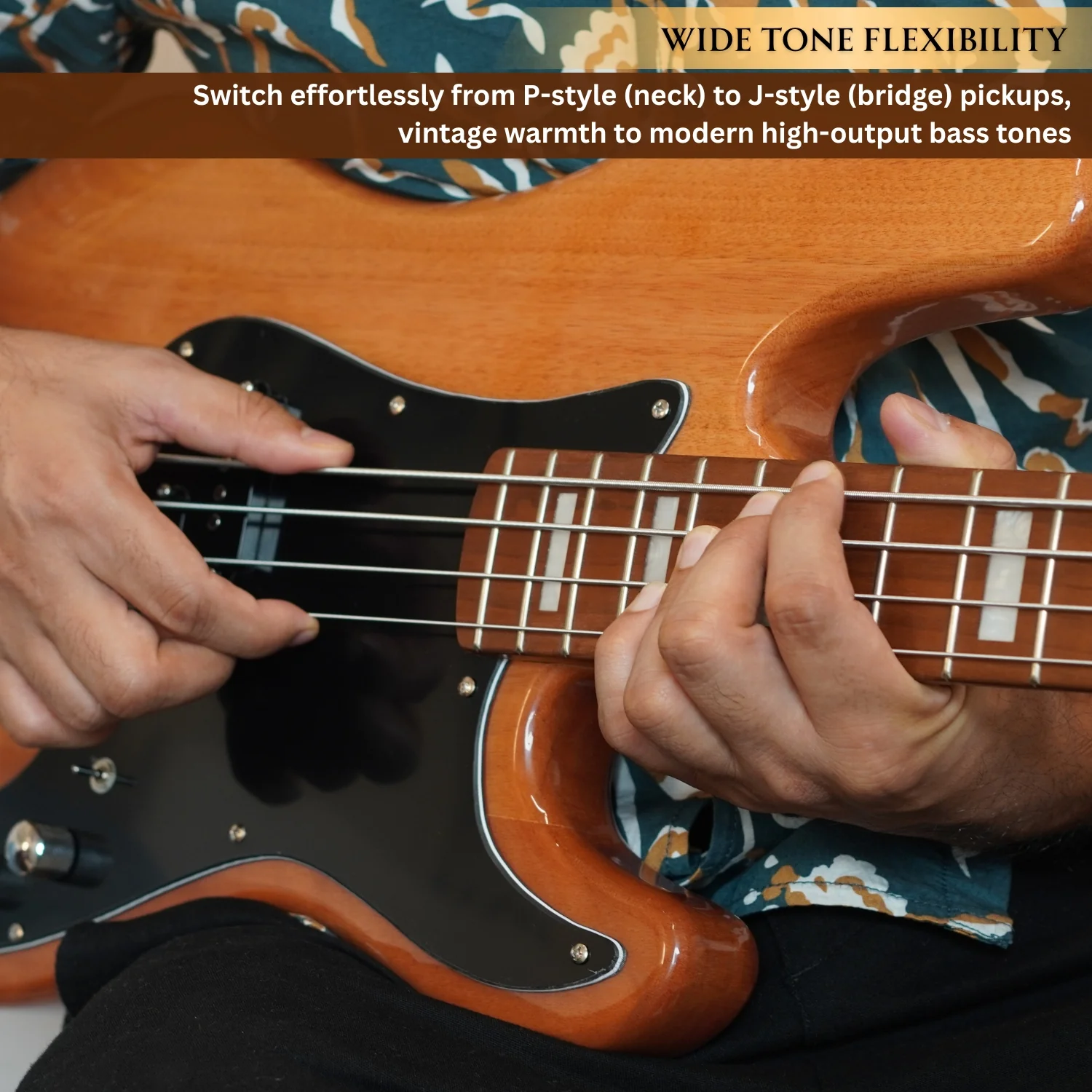 Vault Artisan PB 4-string Active PJ Bass Guitar with Wilkinson Pickups, Roasted Maple Neck & Fingerboard, Full Solid Mahogany Body, Fixed Bridge with Brass Saddle, Natural Gloss Finish - Image 8