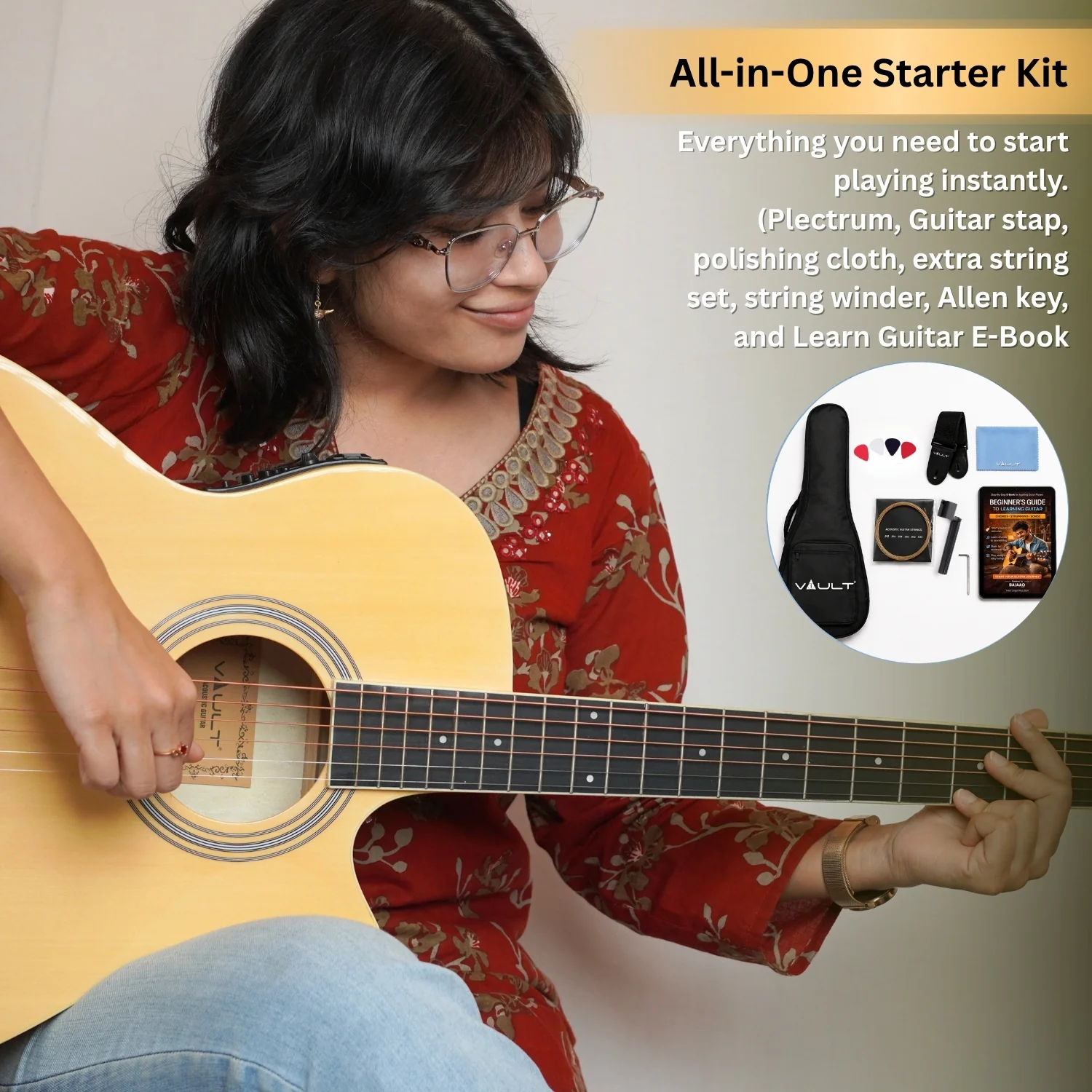 Vault EA20 Guitar Kit with Learn to Play Ebook, Bag, Strings, Straps, Picks, String winder & Polishing Cloth - 40 inch Cutaway Acoustic Guitar - Image 50