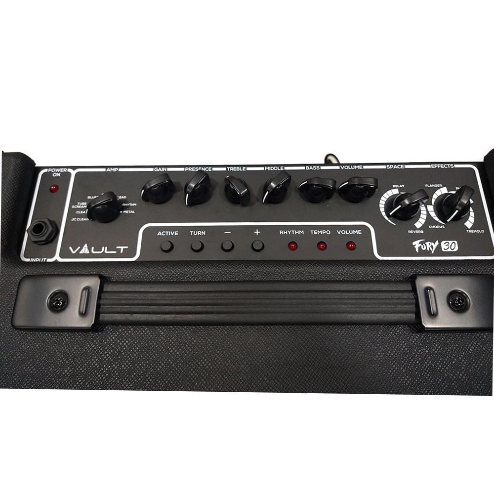 Vault Fury 30 Watt Digital Combo Guitar Amplifier with Effects and 36 Pattern Drum Machine with Instrument Cable, Polishing Cloth and E Book - Image 4
