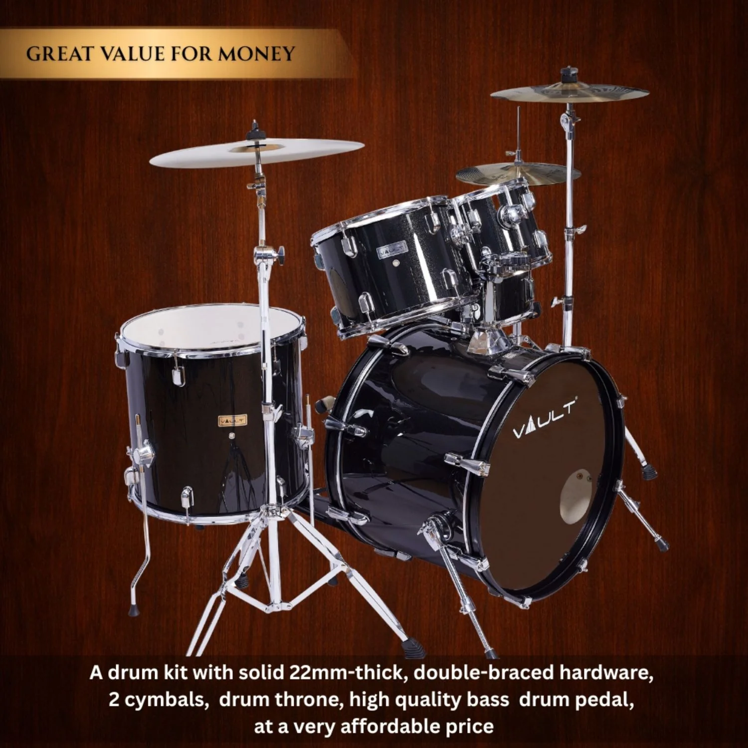 Vault Groover 22" 5-Piece Acoustic Drum Kit with Hardware, Cymbals & Throne - Image 33
