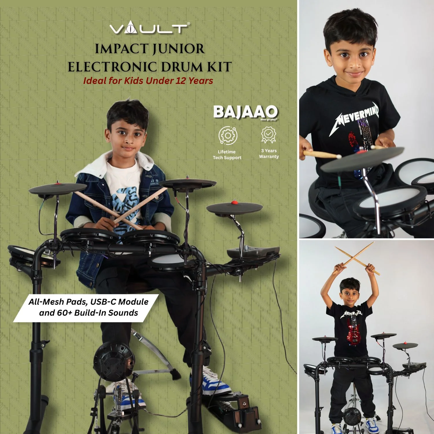 Vault Impact Junior Electronic Drum Kit for Kids with All-Mesh Pads, USB-C Module and 60+ Built-In Sounds – Junior Sized for Kids Under 12 - Image 4