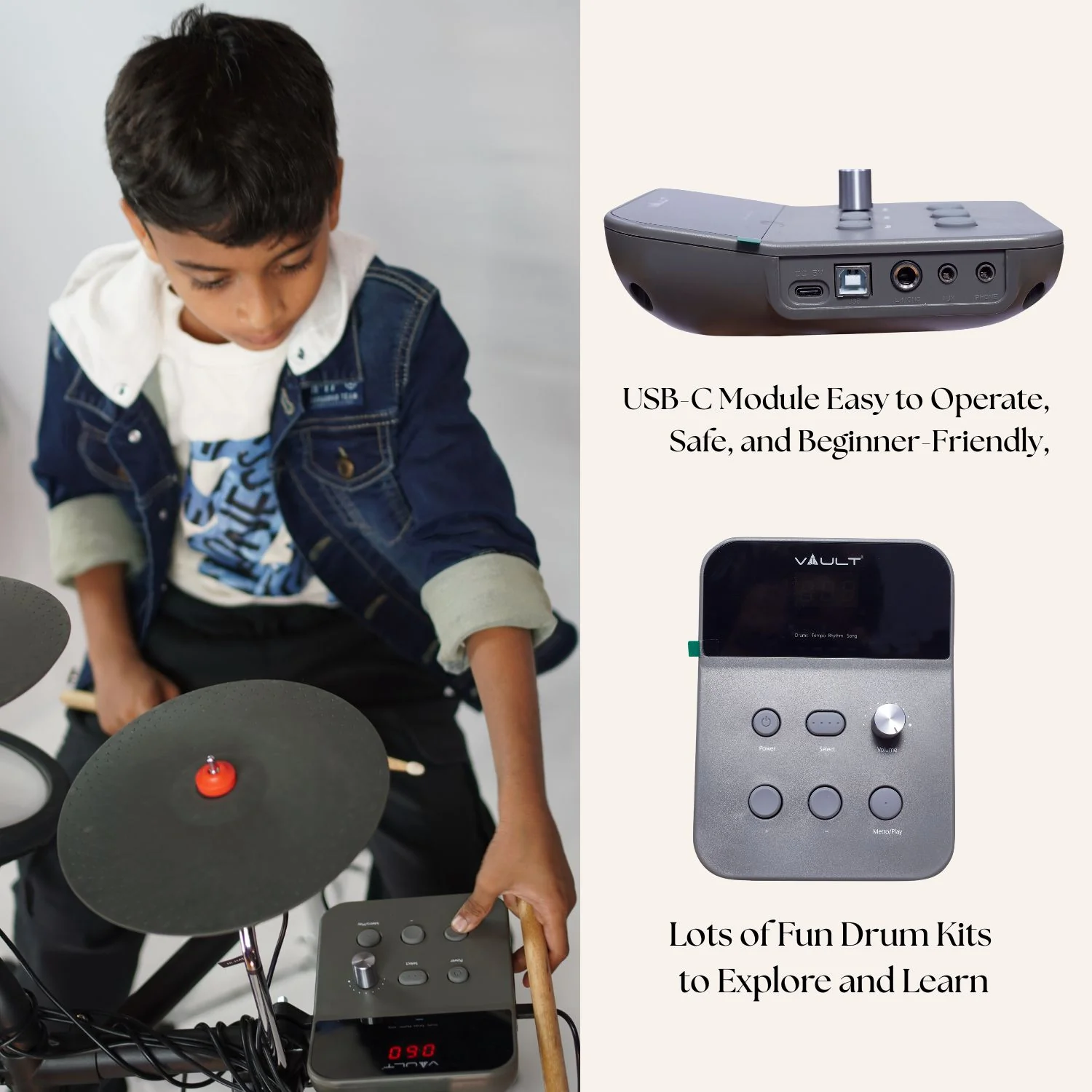 Vault Impact Junior Electronic Drum Kit for Kids with All-Mesh Pads, USB-C Module and 60+ Built-In Sounds – Junior Sized for Kids Under 12 - Image 6