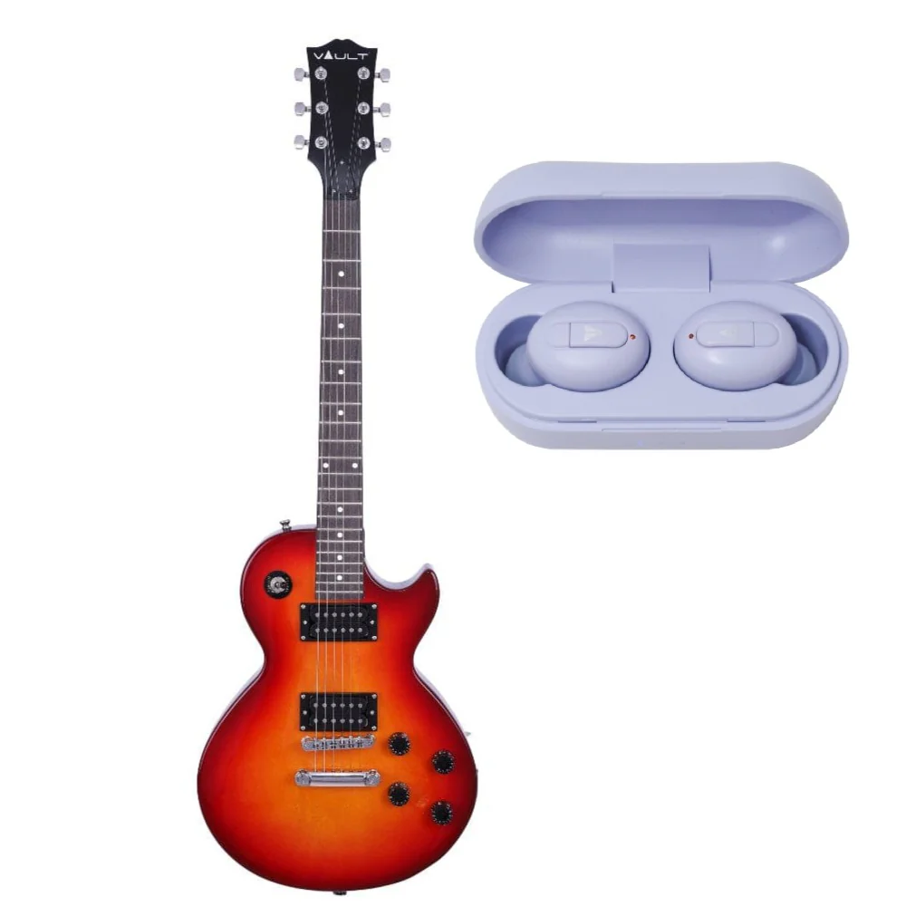 Vault LP1 Les Paul Style Electric Guitar with Vault Play True Wireless Earbuds - Image 17