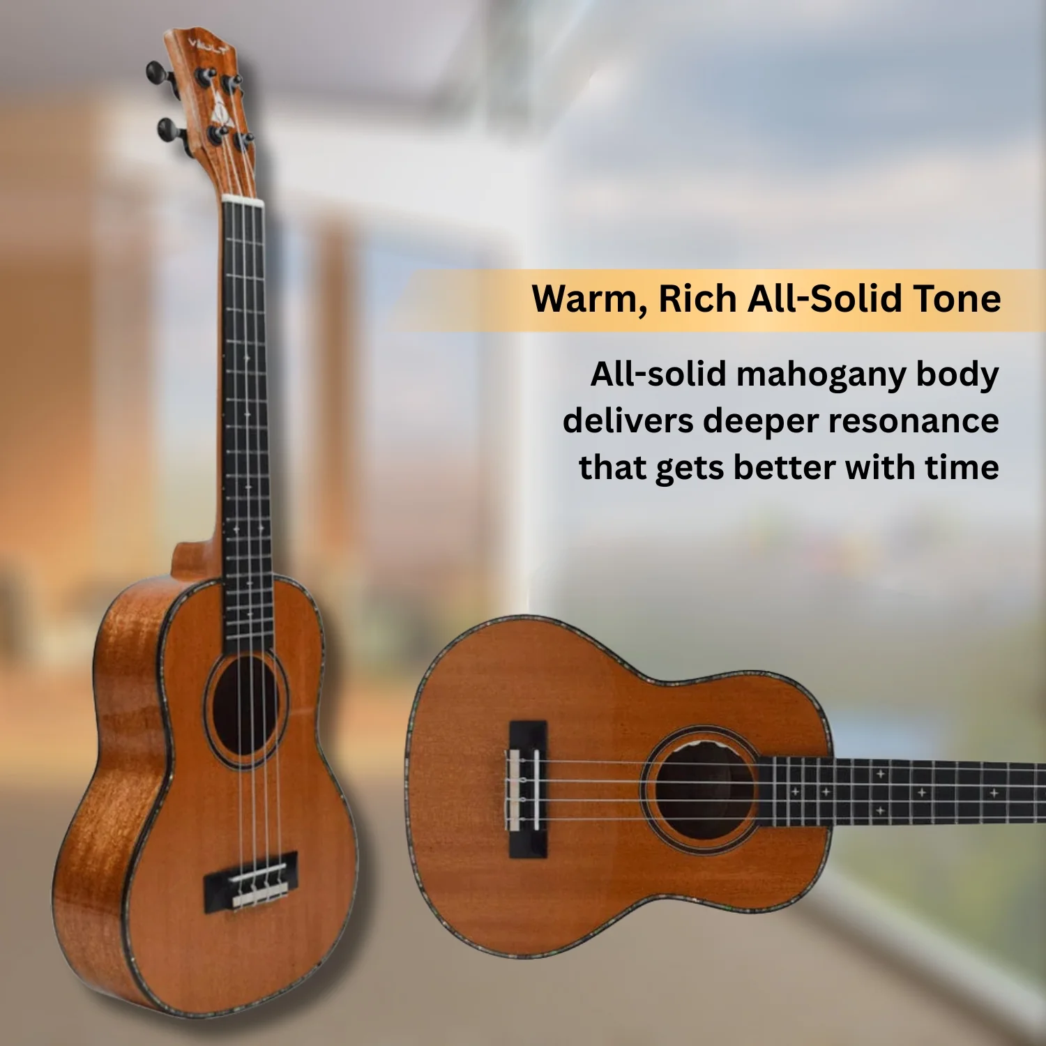 Vault Performer Pro 24" All Solid Mahogany Premium Concert Ukulele with Gigbag - Image 6