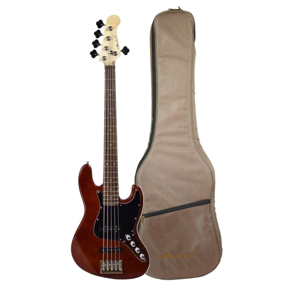 Vault Performer Pro JB5 String Electric Bass Guitar with Gigbag - High Gloss Solid Mahogany
