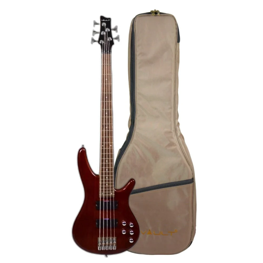 Vault Performer Pro RB5 Five String Electric Bass Guitar with Gigbag - High Gloss Solid Mahogany