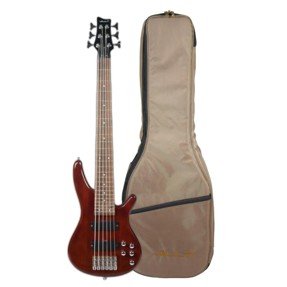 Vault Performer Pro RB6 Six String Electric Bass Guitar with Gigbag - High Gloss Solid Mahogany
