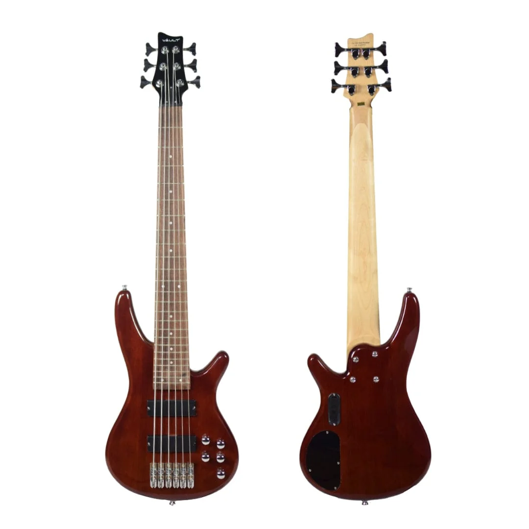 Vault Performer Pro RB6 Six String Electric Bass Guitar with Gigbag - High Gloss Solid Mahogany - Image 4