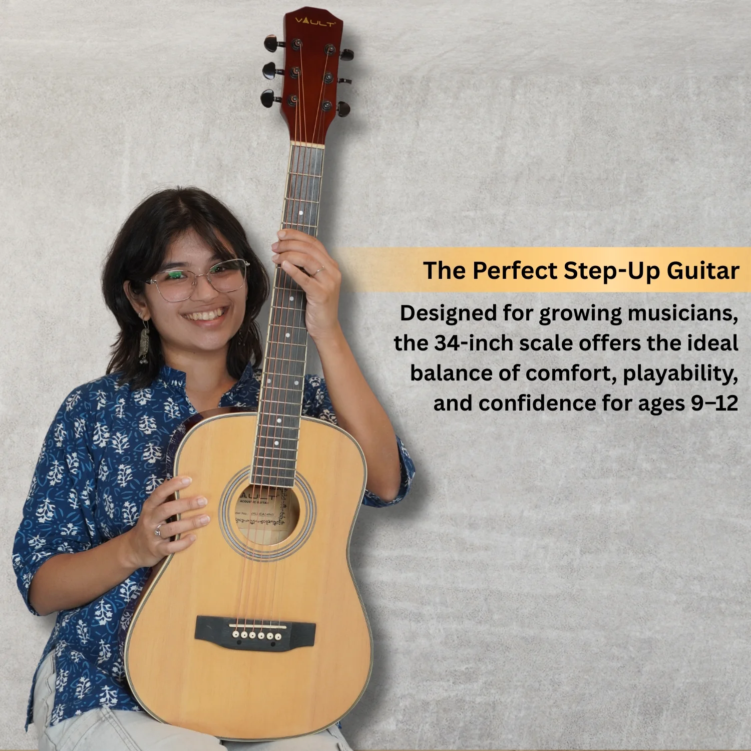 Vault Traveler 34 Inch Acoustic Guitar With Truss Rod, Bag, Strap, Strings, Polishing Cloth, String Winder and Picks - Perfect for Kids (Age 9-12 Years) - Image 3